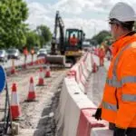 Site supervisor checking traffic management signage and barriers at a roadworks site
