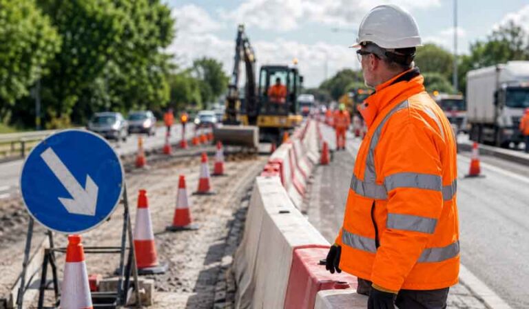 Site supervisor checking traffic management signage and barriers at a roadworks site