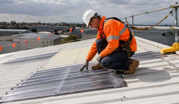 Building contractor inspecting fragile roof sheeting for work at height compliance