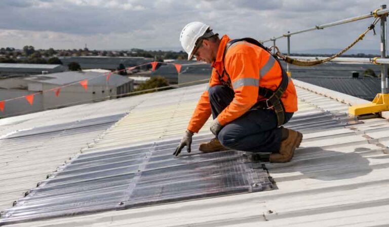Building contractor inspecting fragile roof sheeting for work at height compliance