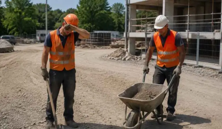 Two construction workers in high temperature