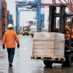 Forklift operating near pedestrians at a port terminal, illustrating workplace transport compliance risk.