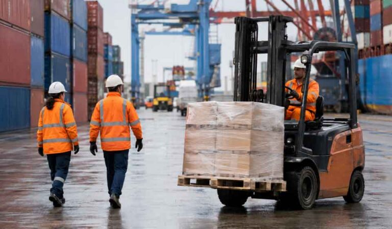 Forklift operating near pedestrians at a port terminal, illustrating workplace transport compliance risk.