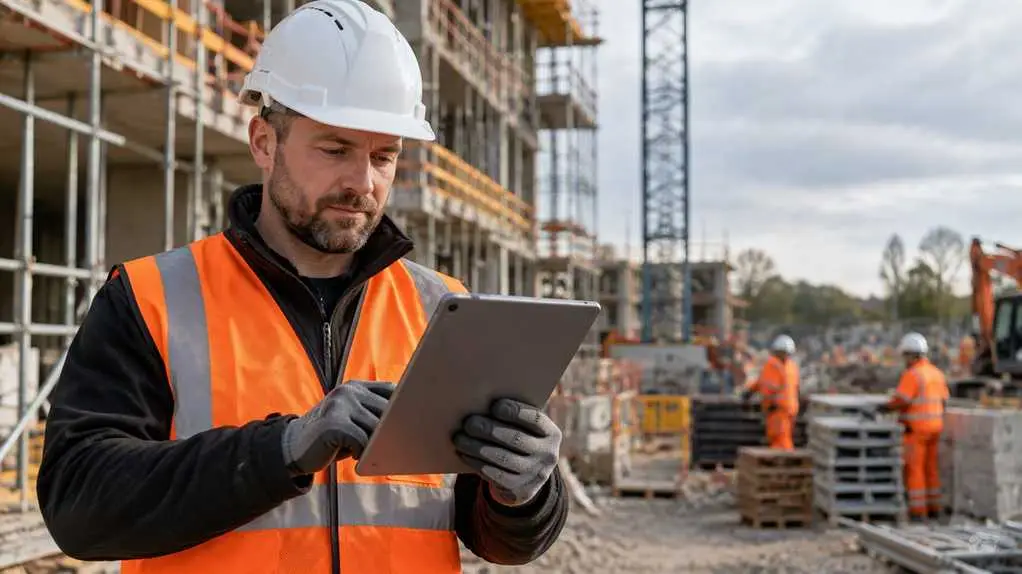 Construction worker using FlexManager's construction management software on a tablet while working offline on site