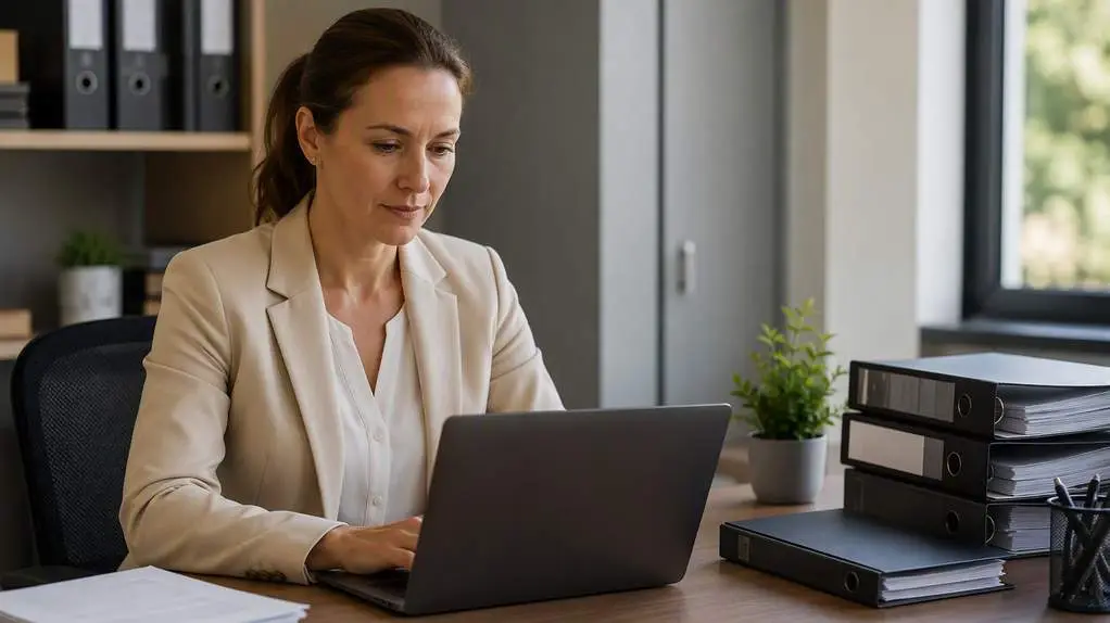 Compliance manager reviewing organised digital records on a laptop, representing how FlexManager keeps businesses audit-ready.