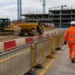 Construction site with plant, machinery, and vehicles kept separated from workers to demonstrate safe working practices