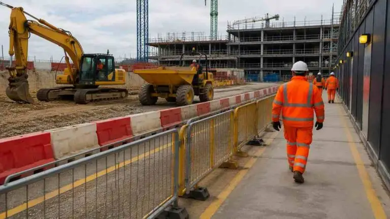 Construction site with plant, machinery, and vehicles kept separated from workers to demonstrate safe working practices
