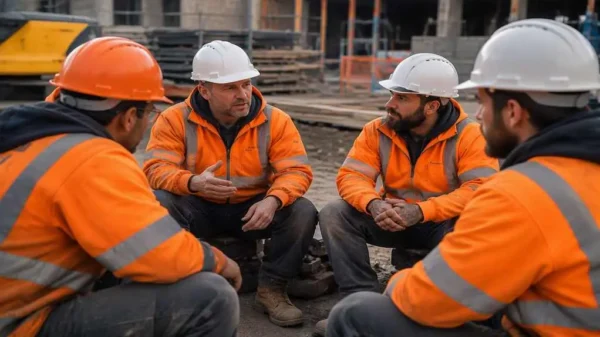 Construction workers having a supportive conversation during a toolbox talk, highlighting the importance of construction worker mental health