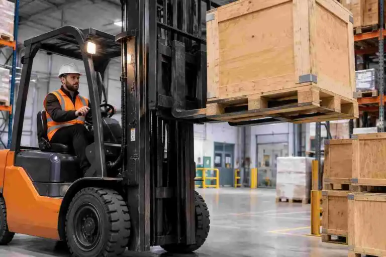Forklift operator carefully lifting a crate in a warehouse, representing safe load-handling practices highlighted after a crate falling from forklift incident.