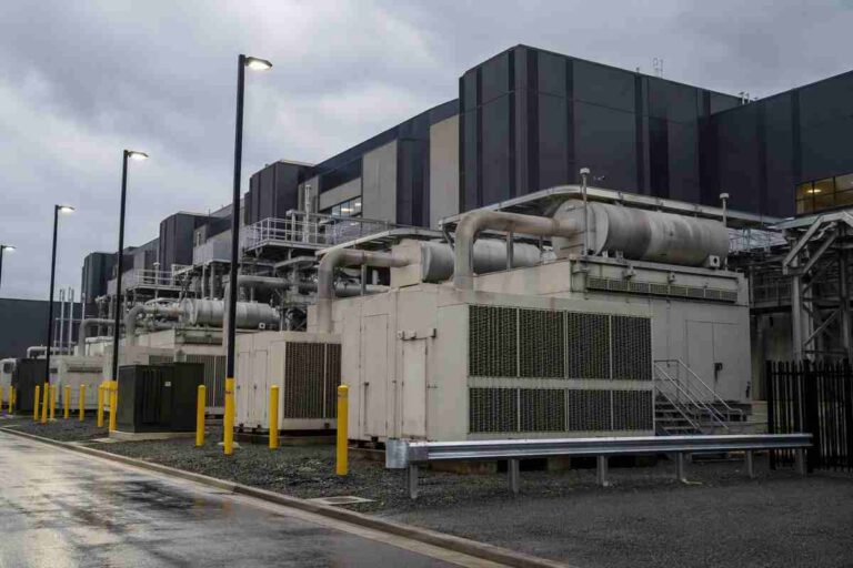 Data centre exterior with emergency generators running, representing the emissions penalty issued against a Microsoft facility in Virginia.