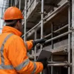 Construction worker checking scaffolding safety on a building site, highlighting the need for stronger site safety practices after a fatal construction accident.