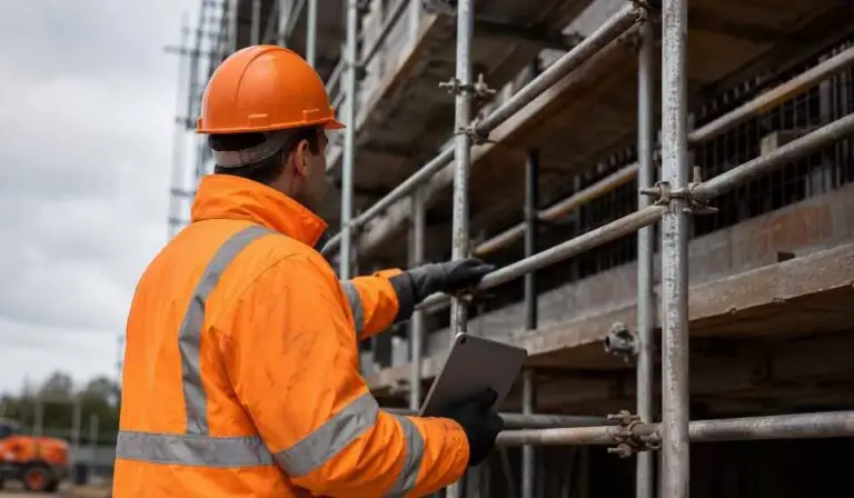 Construction worker checking scaffolding safety on a building site, highlighting the need for stronger site safety practices after a fatal construction accident.