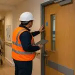 Fire door and evacuation signage in a care setting, highlighting the role of fire risk assessment following a HIQA inspection