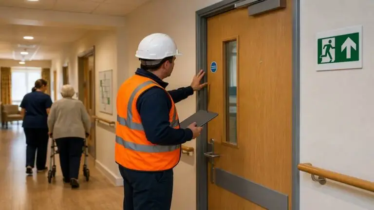 Fire door and evacuation signage in a care setting, highlighting the role of fire risk assessment following a HIQA inspection