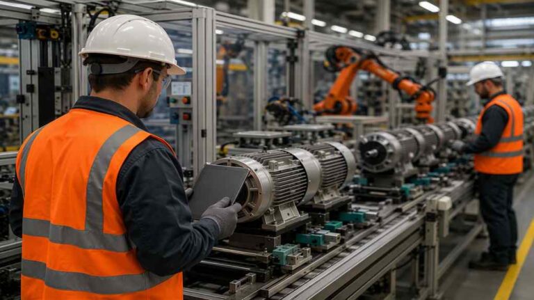 Motor manufacturing production line, representing the quality control issues uncovered in Nidec's third-party review