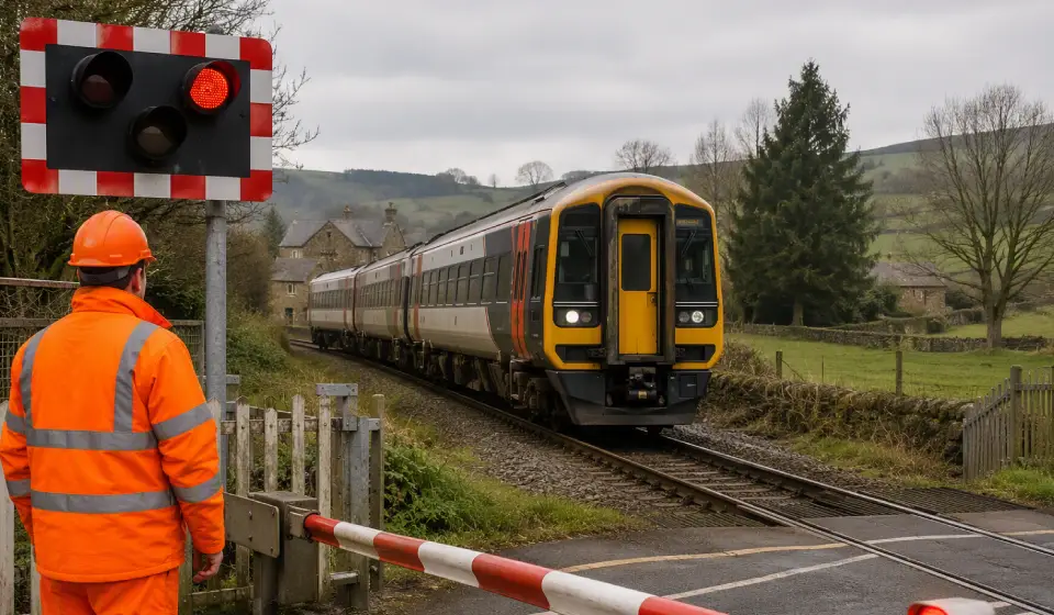Passenger train approaching a level crossing, representing the safety risks reviewed after a railway near miss in North Yorkshire.