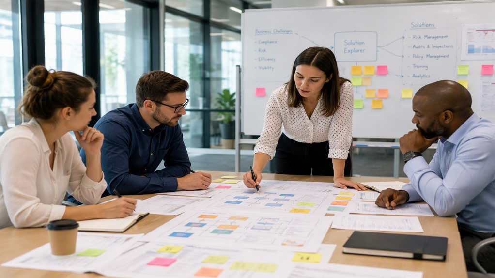 FlexManager's Solution Explorer interface, a compliance solutions finder matching business challenges to the right module