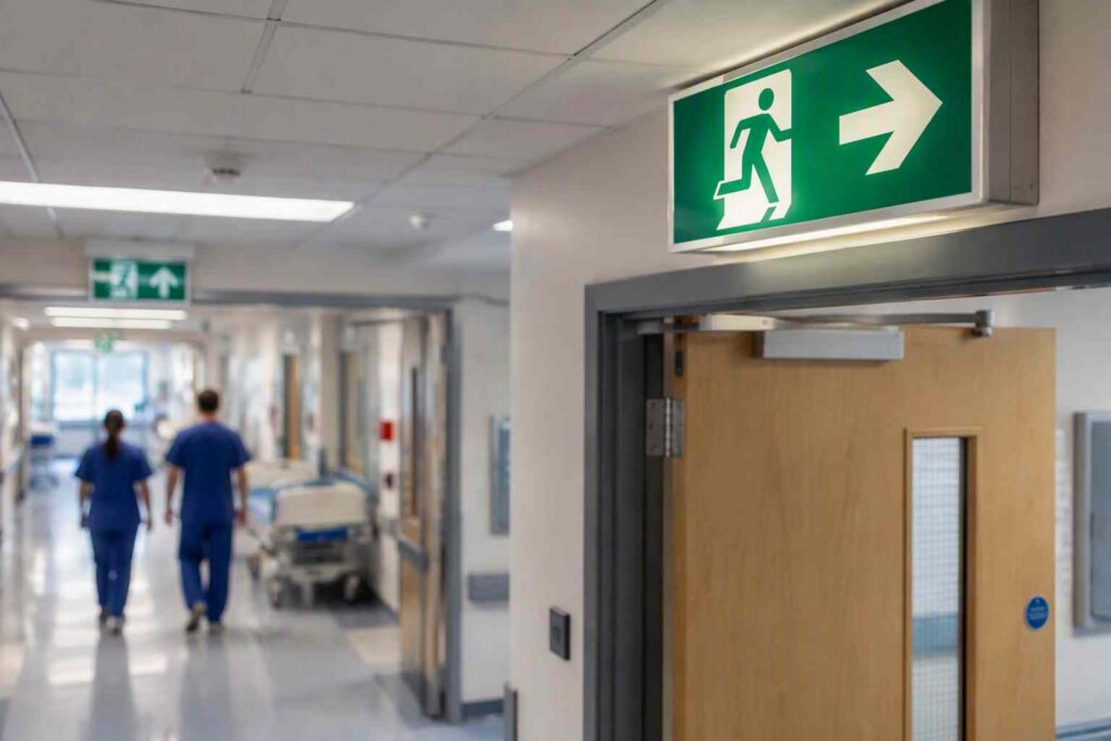 Fire exit signage highlighting fire safety concerns raised in a hospital compliance inspection
