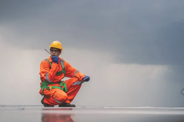 A worker engages in a risk assessment on the job