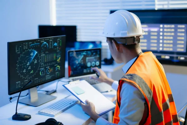 High-vis worker looking at data & trends