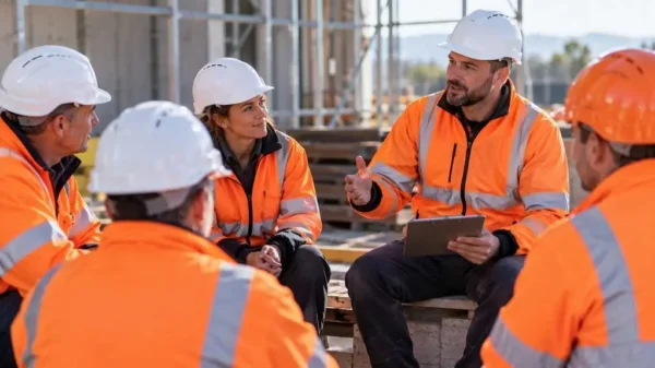 Colleagues checking in with each other during a workplace toolbox talk on World Mental Health Day, showing mental health and workplace safety in practice