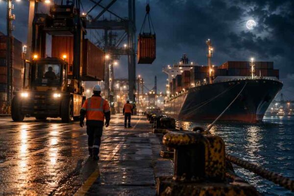 A ports and maritime scene with a worker on the dock